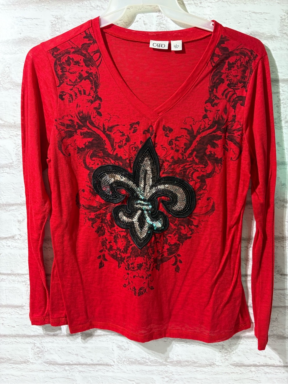 Cato Red Long-Sleeve V-Neck Top with Sequin Fleur-de-Lis
